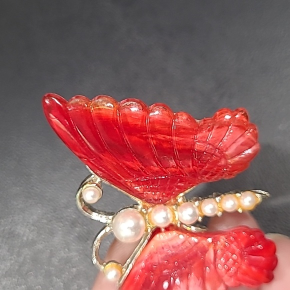 Butterfly brooch red & goldtone Pearls - Picture 4 of 7
